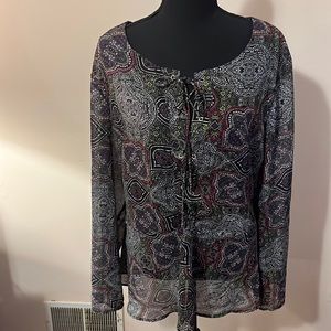 Ashley Stewart print sheer blouse. Sz 18/20. Tie up front loose long sleeves